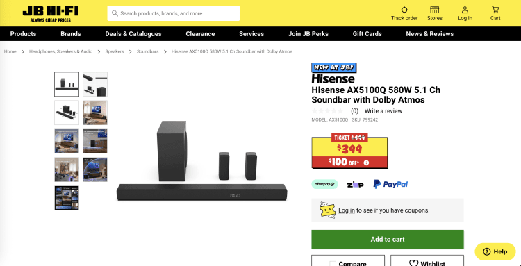 JB Hi-Fi: Hisense AX5100Q 580W 5.1 Ch Soundbar with Dolby Atmos – Was $499, now $399